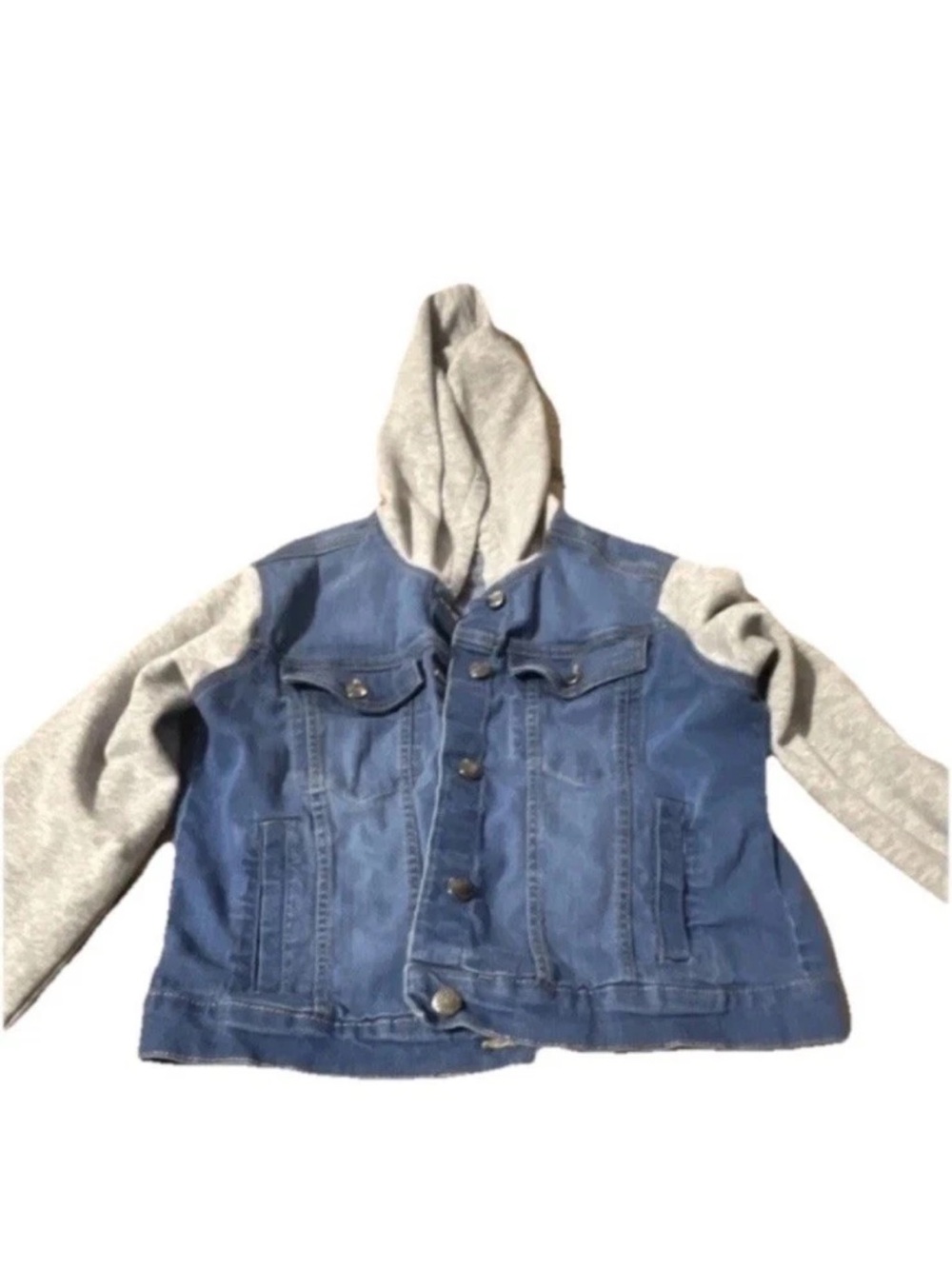 Kids Hooded Denim Jacket with Gray Knit Sleeves